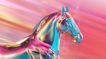 An AI generated illustration of a metallic horse against a colorful background 