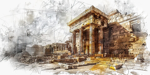 Reconstruction of Faith: The Rebuilt Temple and Restored Altar - Visualize a temple being rebuilt with a restored altar, illustrating the process of reconstructing faith after a period of doubt or tur - obrazy, fototapety, plakaty