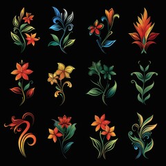 Various floral designs illustrated in vibrant colors, embodying abstract and stylized graphic representation for decorative botanical art