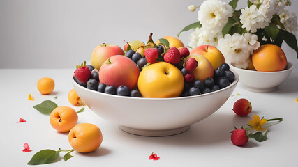 Photorealistic , minimalistic bowl of placement of fruit with flowers, white background, beautiful,...