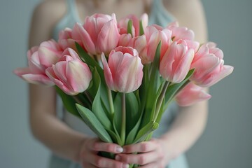 An unrecognized woman holding a bouquet of pink tulip against a studio white backdrop with a big space for text or product advertisement background, Generative AI.