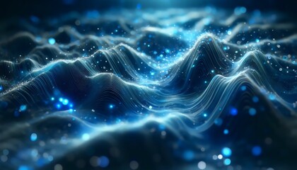 a digital landscape of glowing blue waves, interspersed with particles of light, suggesting themes of data flow, network connectivity, and advanced digital technology