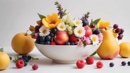 Photorealistic , minimalistic bowl of placement of fruit with flowers, white background, beautiful, delicious food, recipe photography, realistic, natural light, colorful, food art, object photography
