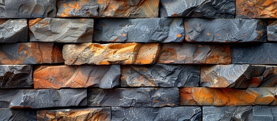 Detailed look at a sturdy wall composed of various rocks, brightly lit by a vibrant yellow light