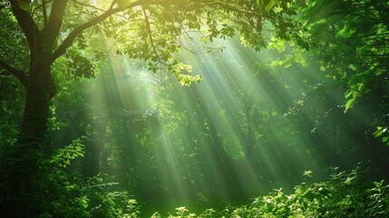 Fototapeta premium A serene view of beautiful rays of sunlight piercing through the dense canopy of a green forest, AI Generative