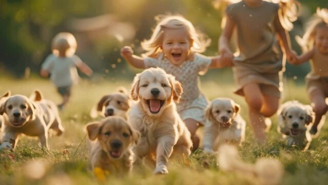 Group of laughing children playing fetch with adorable puppies in a park