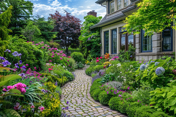 Charming residence with a lush English garden and cobblestone path in the front, in bloom.