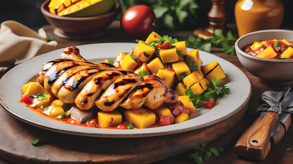 high-end styling image, fine dine of grilled of chicken and mango in salsa sauce, high quality, 8K Ultra HD, masterpiece, realistic photo, wash technique, colorful, pale touch, smudged outline, like a