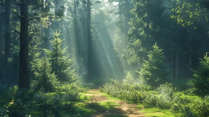 Deurstickers Morning mist blankets the woodland trail, sunlight filters through tall trees in a peaceful, untouched natural setting © Fokasu Art