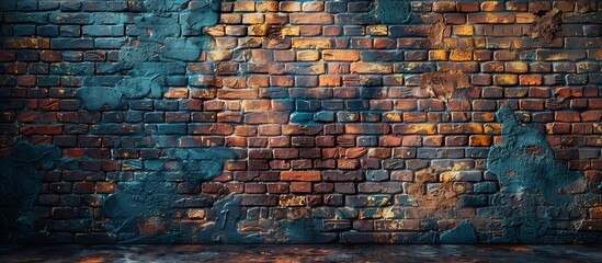 A weathered brick wall with a grungy surface is illuminated by a gentle light filtering through it - obrazy, fototapety, plakaty
