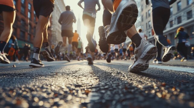 Diverse feet of marathon runners in action on a city street, showcasing the variety of participants and their shared goal. The urban backdr, AI Generative