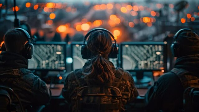 Back view of a Military watchdogs are working on a city monitoring operation at the Central Office for Cyber Control.