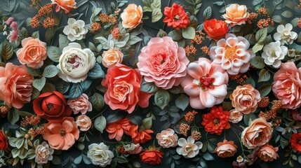 lush wall of artificial flowers, vintage aesthetics, digital painting, perfect for a nostalgic backdrop, AI Generative