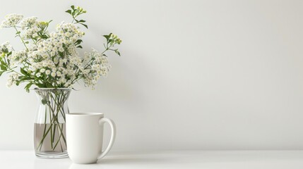 Mug and transparent vase with fresh flowers on a pristine white background, eco-friendly decor, AI Generative