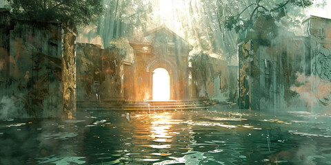 The Flooded Sanctuary and Cleansing Waters - Visualize a flooded sanctuary being cleansed by waters, symbolizing purification and renewal of faith