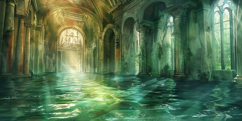 Naklejka premium The Flooded Sanctuary and Cleansing Waters - Visualize a flooded sanctuary being cleansed by waters, symbolizing purification and renewal of faith