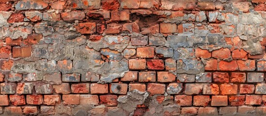Detailed view of a brick wall showing vibrant red and blue paint for an urban artistic touch