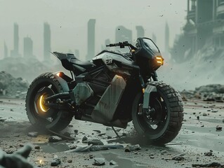 Illustrate a rugged electric adventure bike navigating a desolate, postapocalyptic highway, its advanced offroad capabilities allowing it to tackle debris and obstacles with ease