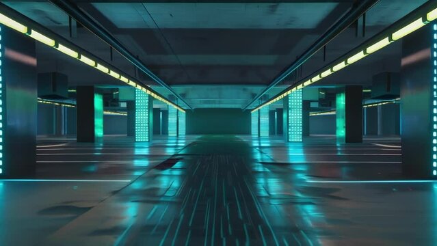 a parking garage banner with a technology theme featuring binary code and circuit board graphics. .