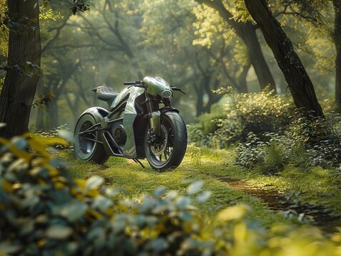 Design a radical, insectinspired electric sportbike carving through the twists and turns of a lush, overgrown forest path, its biomimetic form blending seamlessly with nature