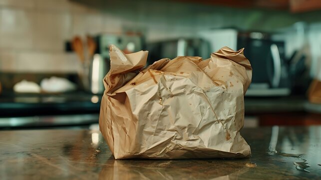 A crumpled fast food paper bag sits on a kitchen counter, grease stains marking its surface
