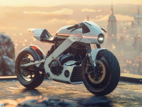 Design a cuttingedge electric cafe racer cruising along a winding cliffside road, its vintage styling contrasted against the futuristic backdrop of a sprawling metropolis on the horizon