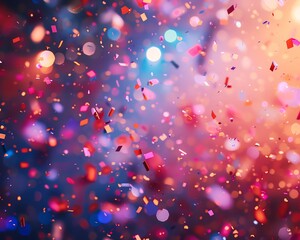 Vivid confetti storm at an outdoor festival, with partygoers visible beneath, the stage's bokeh lighting creating a dreamy, celebratory background