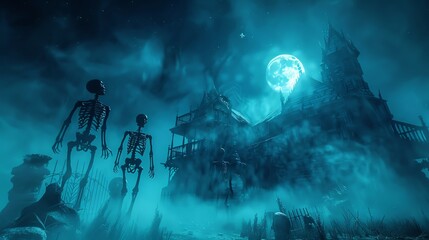 An eerie scene of laughing fog swirling around dancing skeletons, the ambient glow warming the chilling horror setup, under a ghostly moonlight