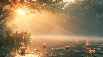Tranquil scene of a lotus pond at sunrise, sunbeams filtering through mist, evoking a deep sense of calm and connection with nature
