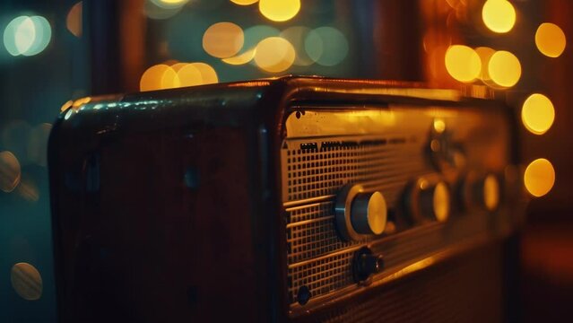 Gentle bokeh lights dance around an outoffocus antique radio evoking a warm and fuzzy feeling of memories from eras past. .