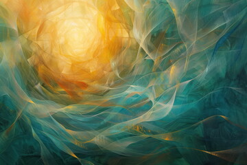 abstract background, golden shapes in cool blues and green, wave wallpaper, patterns lines and swirling shape