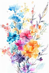 Bright watercolor clipart of spring floral bunch, white backdrop