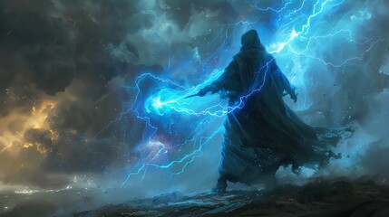 A sorcerer wielding a magic wand that casts reverse thunder, summoning blue lightning bolts that ascend to the sky, against a dark stormy backdrop