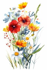 Fresh watercolor summer wildflowers isolated on a white background --ar 2:3 Job ID: 5ea6a573-4fcc-41f0-8980-79b8c825bc5e