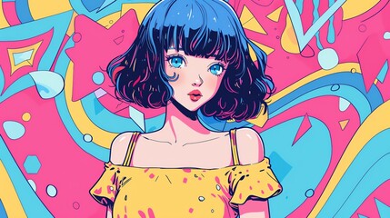 Cute anime character in a minimalist style, standing before a vibrant patterned background, blending traditional cartoon elements with modern anime aesthetics