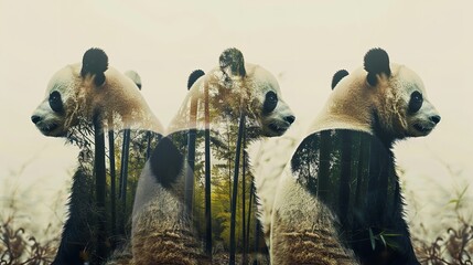 An illustration of double exposer on pandas with jungle view inside of it on a clean backdrop for text or product advertisement or a background, Generative AI. - obrazy, fototapety, plakaty
