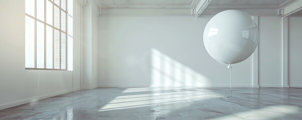 A lone, oversized inflatable balloon hovering in a minimal room, its surface reflecting sparks of light, metaphor for a mind filled with bright, floating ideas - obrazy, fototapety, plakaty