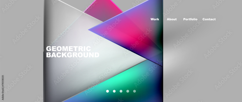 Poster A rectangular electronic device displaying colorful triangles in shades of violet, magenta, and electric blue on a gray background. It is a modern communication gadget with a geometric font