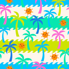 Fototapeta na wymiar Cute colorful palm tree and cartoon sun with wave background seamless pattern design for summer holidays.