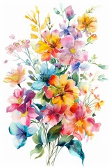 Fototapeta premium Spring flowers in vivid watercolors, bouquet isolated on white