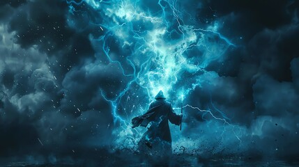 A sorcerer wielding a magic wand that casts reverse thunder, summoning blue lightning bolts that ascend to the sky, against a dark stormy backdrop