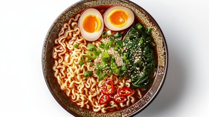 Vibrant top view image of Ramen, featuring wheat noodles and savory toppings in a soy sauce broth, perfect for a food ad, isolated background