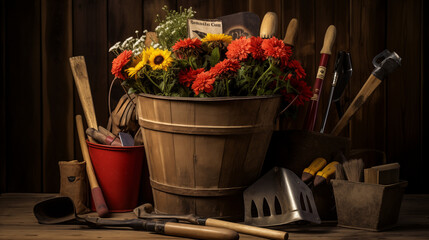 Wooden bucket filled with gardening tools, Tools spilling out around the typography area