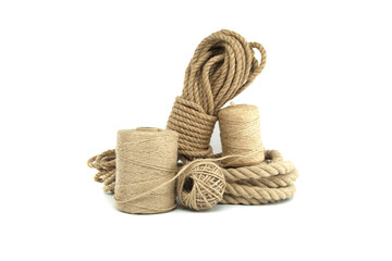 Jute ropes and twines isolated on white background