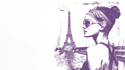 A purple painting of a female swimmer by eiffel tower, olympic games