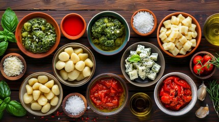 Top view of classic gnocchi with a selection of sauces including gorgonzola, tomato, and pesto, styled for culinary photography, isolated setting - obrazy, fototapety, plakaty