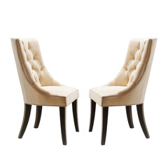 Two beige chairs with button tufted backrest and dark brown wooden legs