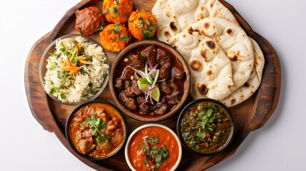 Top view of a sumptuous curry platter, featuring a variety of spiced sauces with meat and vegetables, served with naan and roti on an isolated background, studio lighting