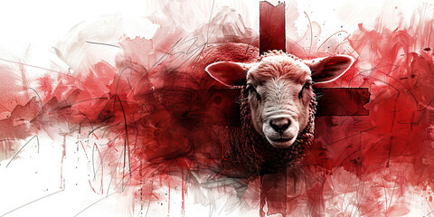Redemption: The Lamb and Bloodied Cross - Picture a lamb symbolizing Jesus as the sacrificial lamb, and a bloodied cross representing redemption through his blood - obrazy, fototapety, plakaty