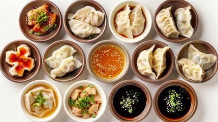 Top view of assorted dumplings, bite-sized parcels of dough filled with pork, chicken, or shrimp, served with dipping sauce, isolated background